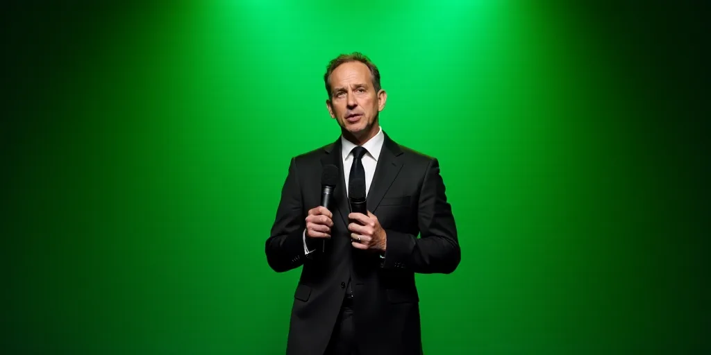 a man in a suit standing on a stage with a microphone in his hand and a green background behind him,