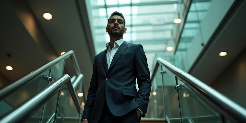 a man in a suit standing on a railing in a building with a glass wall and a staircase behind him, da