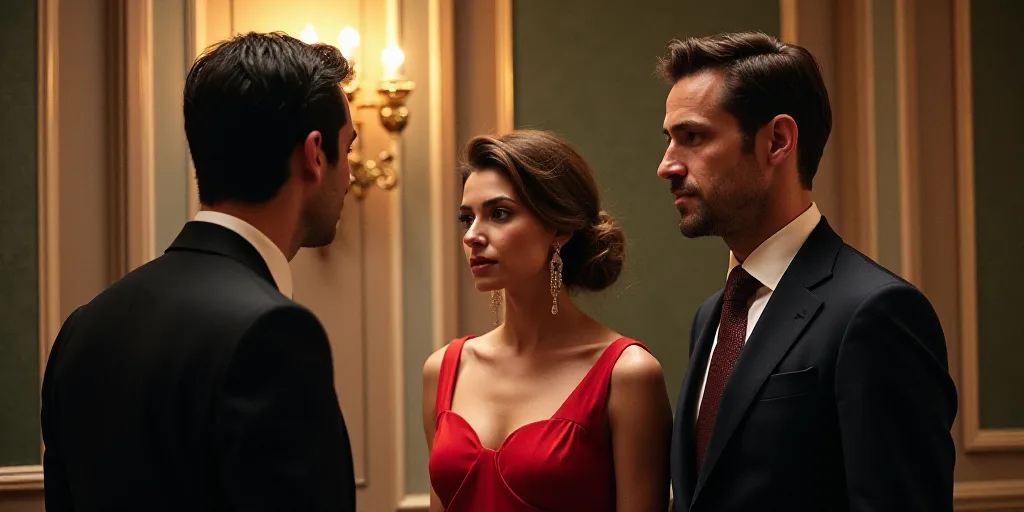a man in a suit talking to a woman in a red dress and a man in a suit and tie, Eduardo Lefebvre Scov