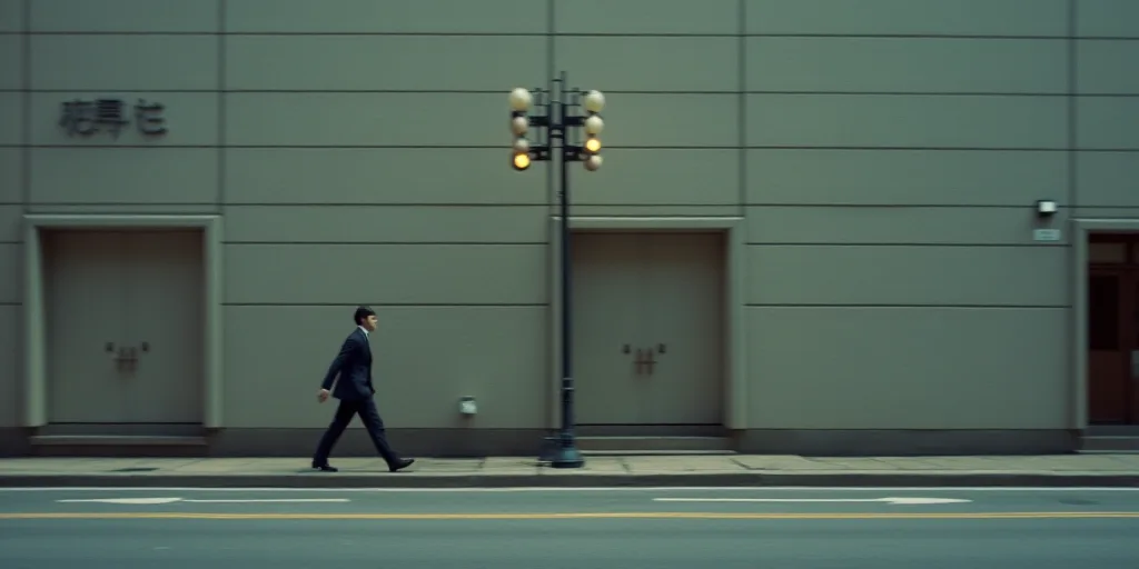 a man in a suit walking down a street past a tall building with a street light on it's side, Chizuko