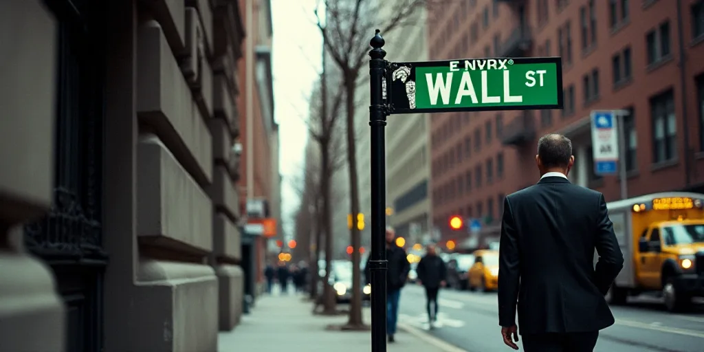 a man in a suit walks past a wall street sign on a building in new york city, ny, Andries Stock, mit