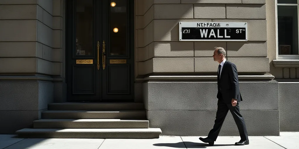 a man in a suit walks past a wall street sign on a building in new york city, ny, Andries Stock, mit