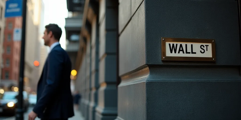 a man in a suit walks past a wall street sign on a building in new york city, new york, Andries Stoc
