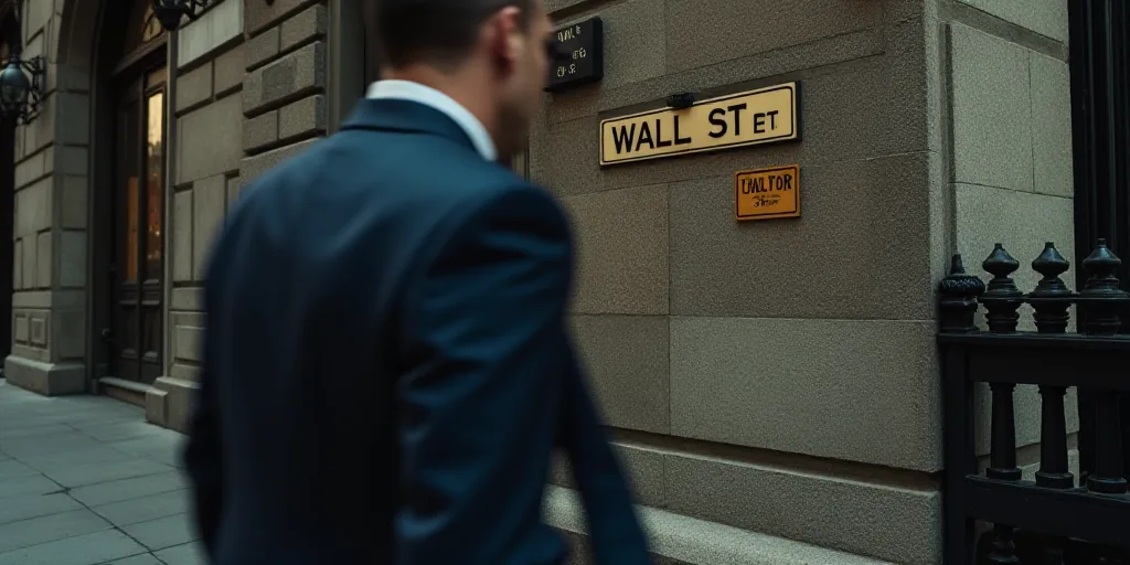 a man in a suit walks past a wall street sign on a building in new york city, new york, Andries Stoc