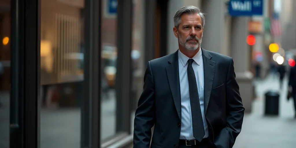 a man in a suit walks past a wall street sign on a building in new york city, new york, Andries Stoc