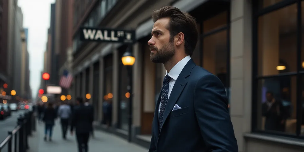 a man in a suit walks past a wall street sign on a building in new york city, new york, Andries Stoc
