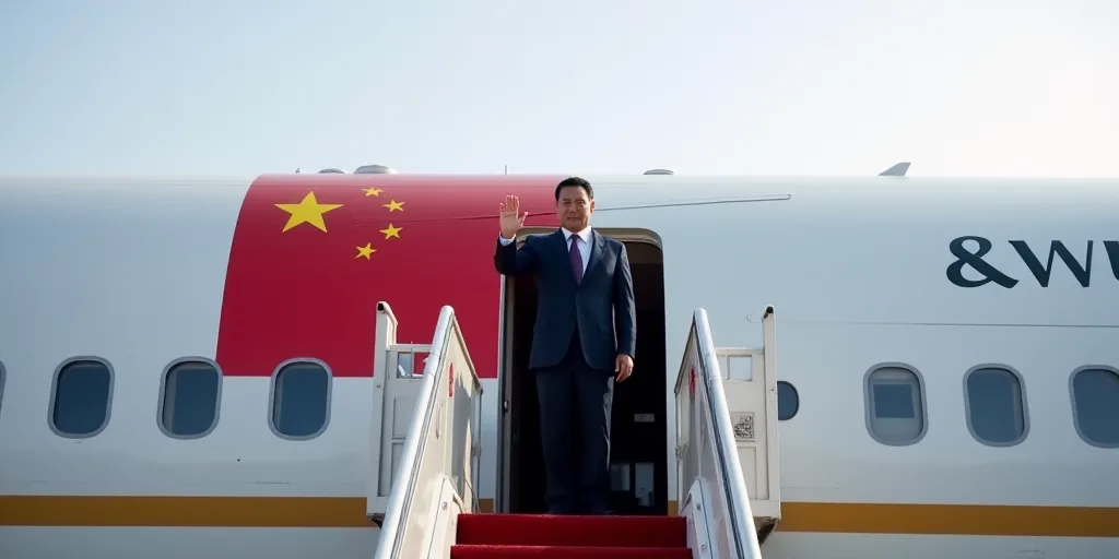 a man in a suit waves from a plane door as he stands on the steps of a plane with the chinese flag o