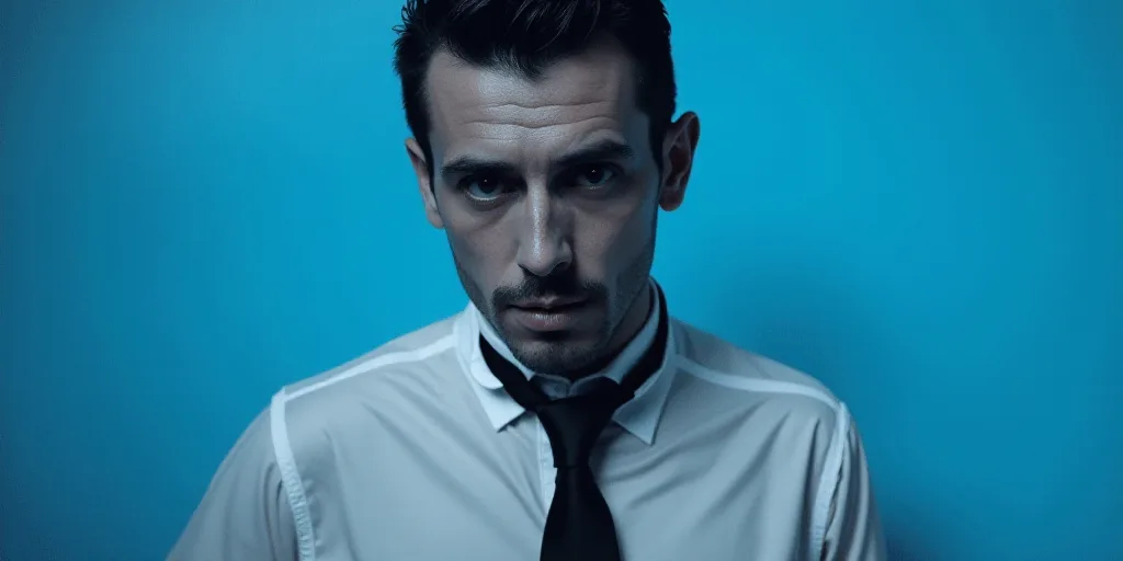a man in a tie is on a blue background with a black and white photo of him and the caption reads, ro