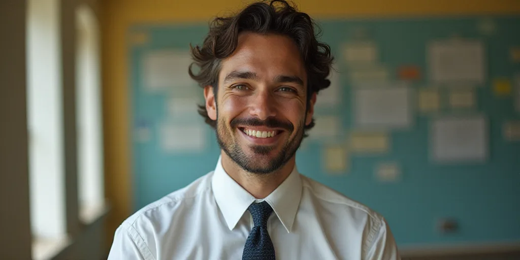 a man in a tie is smiling for the camera with a caption in spanish above him that reads, enrique cam