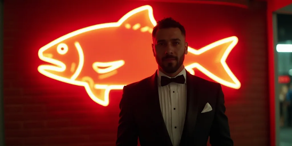 a man in a tuxedo standing in front of a lit up sign with a fish on it, Christo, filmic, a photo, ne