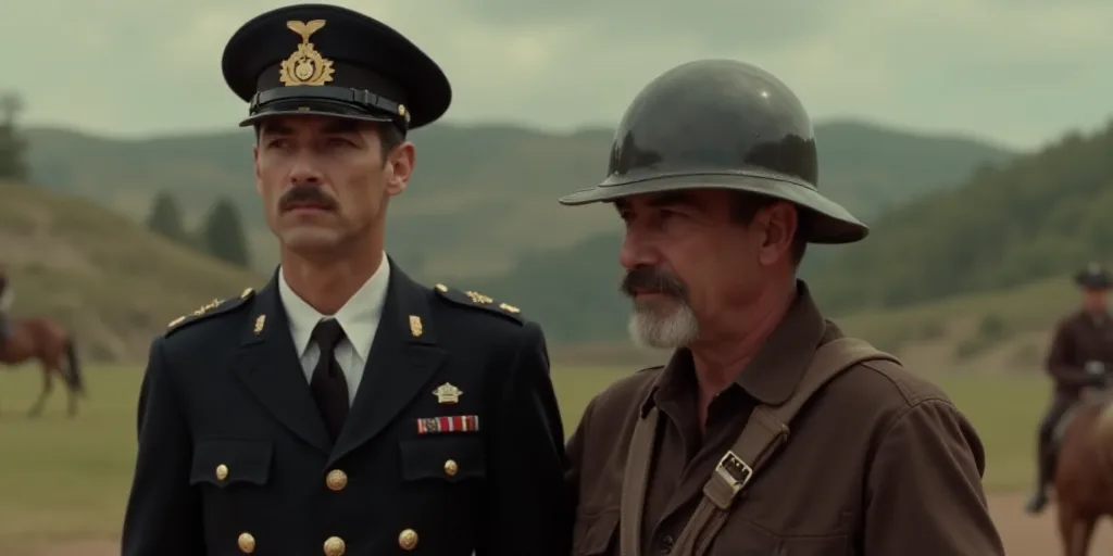 a man in a uniform is being escorted by a man in a helmet and uniform with a mustache and moustache,