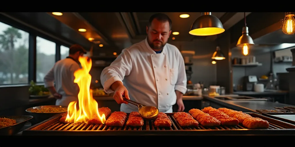 a man in a white coat is cooking on a grill with flames in the kitchen area of a restaurant, Artur G