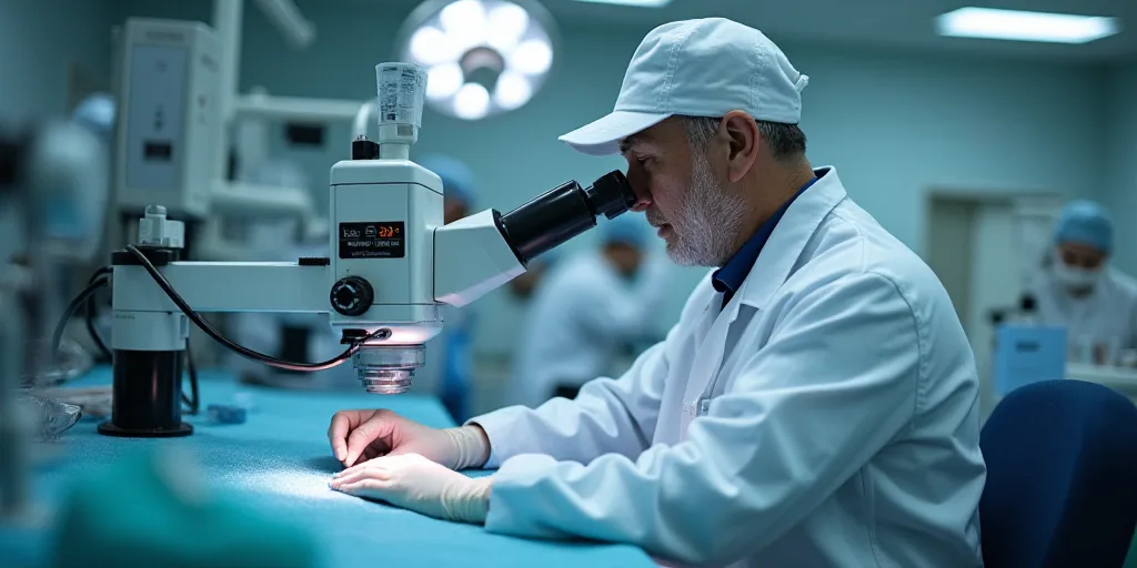 a man in a white lab coat and a white hat is working on a machine in a lab area, Cao Zhibai, zeiss l