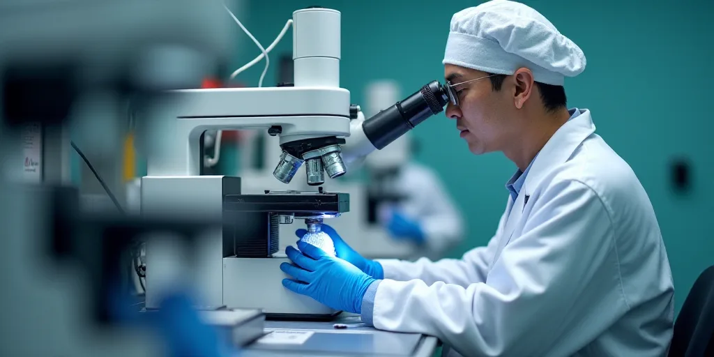 a man in a white lab coat and a white hat is working on a machine in a lab area, Cao Zhibai, zeiss l