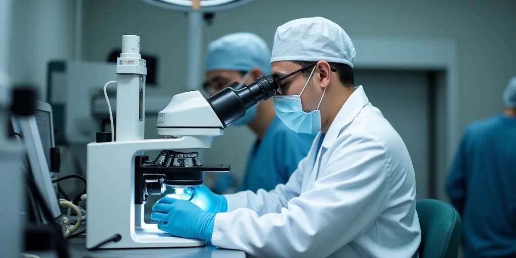 a man in a white lab coat and a white hat is working on a machine in a lab area, Cao Zhibai, zeiss l
