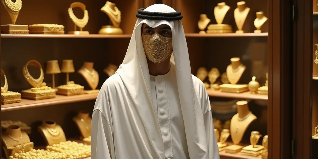 a man in a white outfit and a mask standing in front of a display of gold jewelry in a store, Altoon