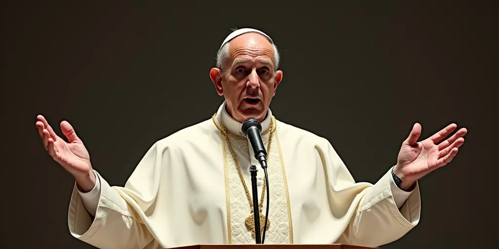 a man in a white priest outfit is holding his hands out and a microphone is in front of him, Bernie