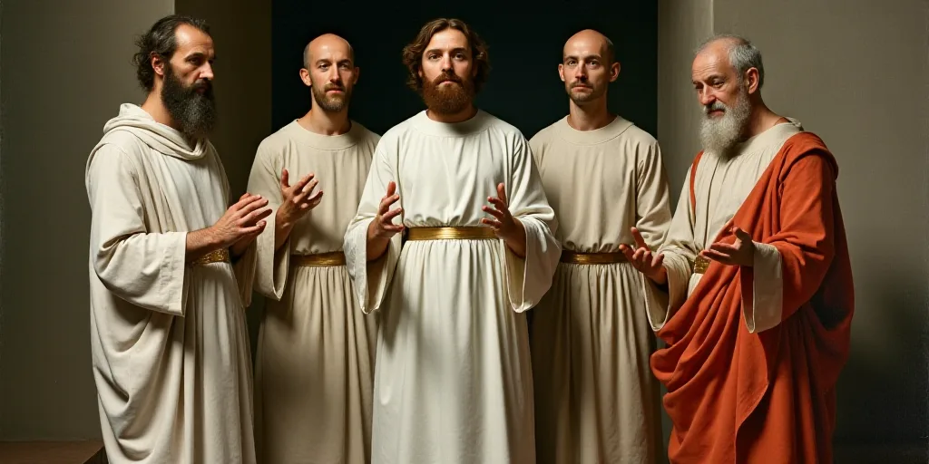a man in a white robe standing next to two other men in white robes and one man in a red and white r