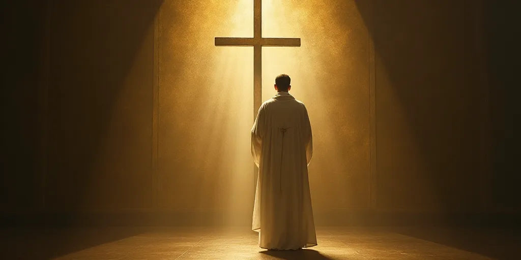 a man in a white robe standing in front of a cross and a light shining on him from behind, Fra Angel