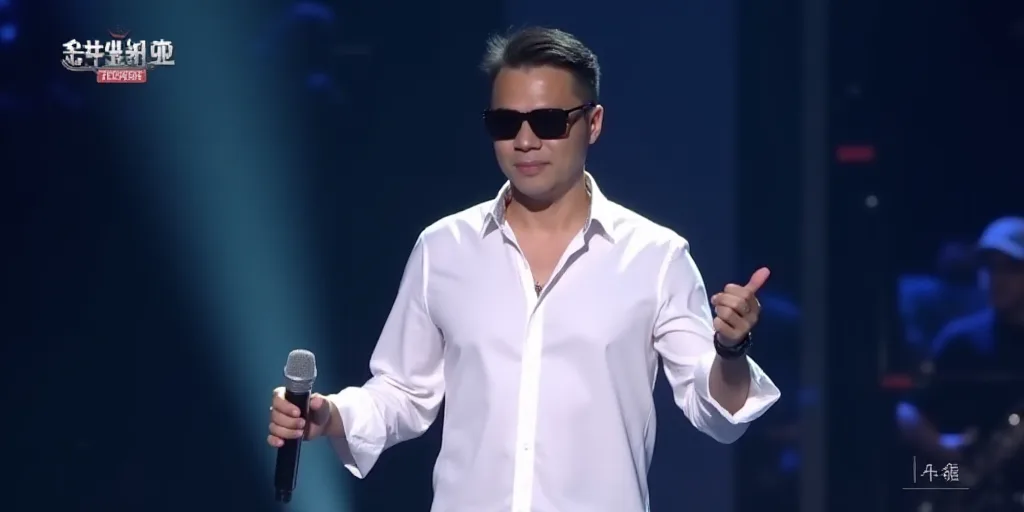 a man in a white shirt and sunglasses on a stage with a microphone and a microphone in his hand, Bia