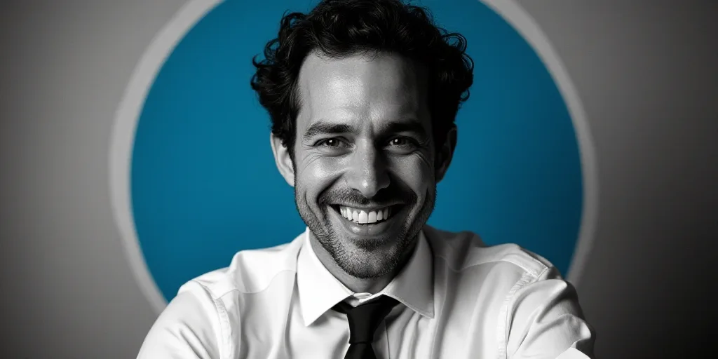a man in a white shirt and tie is smiling for the camera with a black and white background and a blu