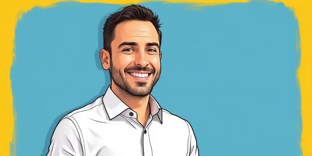 a man in a white shirt is smiling for a picture with a blue background and a yellow border around hi