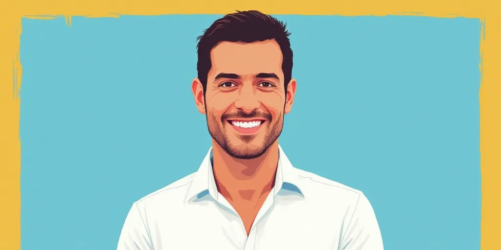 a man in a white shirt is smiling for a picture with a blue background and a yellow border around hi