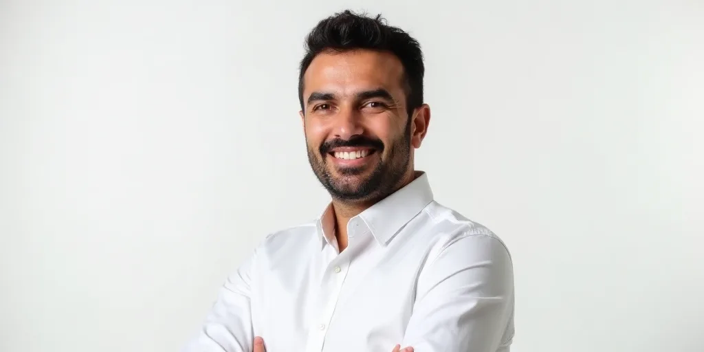 a man in a white shirt is smiling for the camera with a white background and a white background behi
