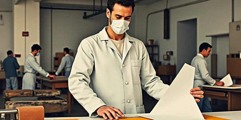 a man in a white suit and mask holding a piece of paper in a factory with other workers in the backg