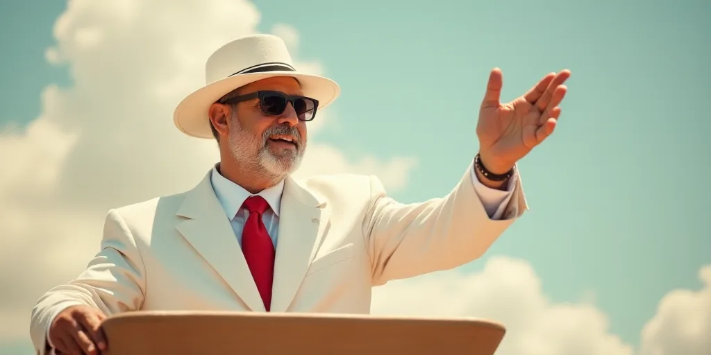 a man in a white suit and sunglasses waves from a podium while wearing a white hat and sunglasses an