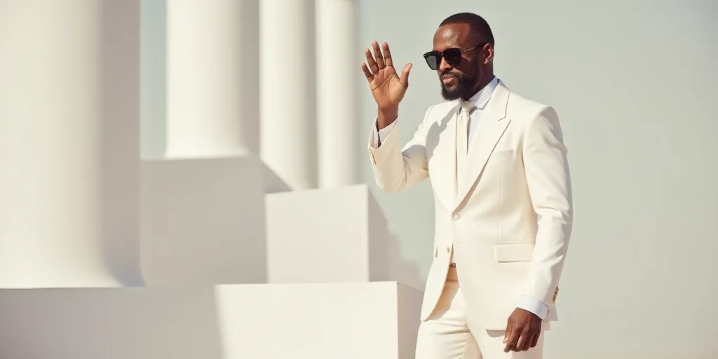 a man in a white suit and sunglasses waves from a podium while wearing sunglasses and a white shirt