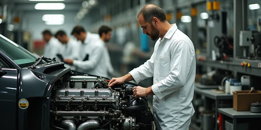 a man in a white suit working on a car engine in a factory with other workers nearby and a machine i