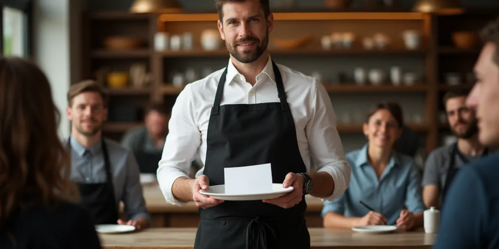 a man in an apron holding a plate with a piece of paper on it in front of a group of people, Bourgeo