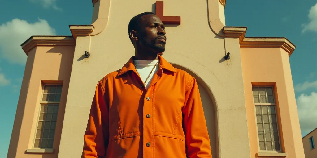 a man in an orange outfit standing in front of a building with a cross on it's chest, Ed Benedict, d