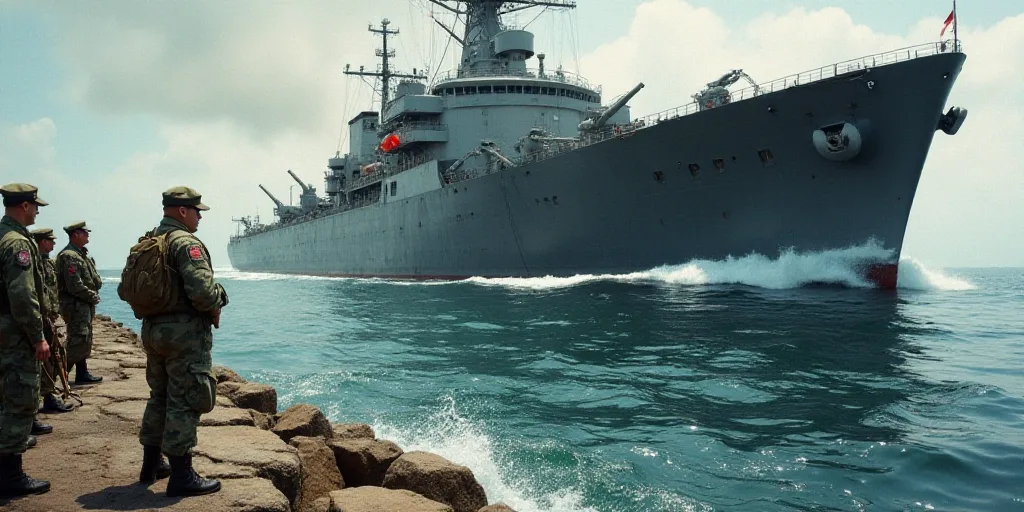 a man in camouflage standing in front of a large ship on the water with other men nearby in uniform,