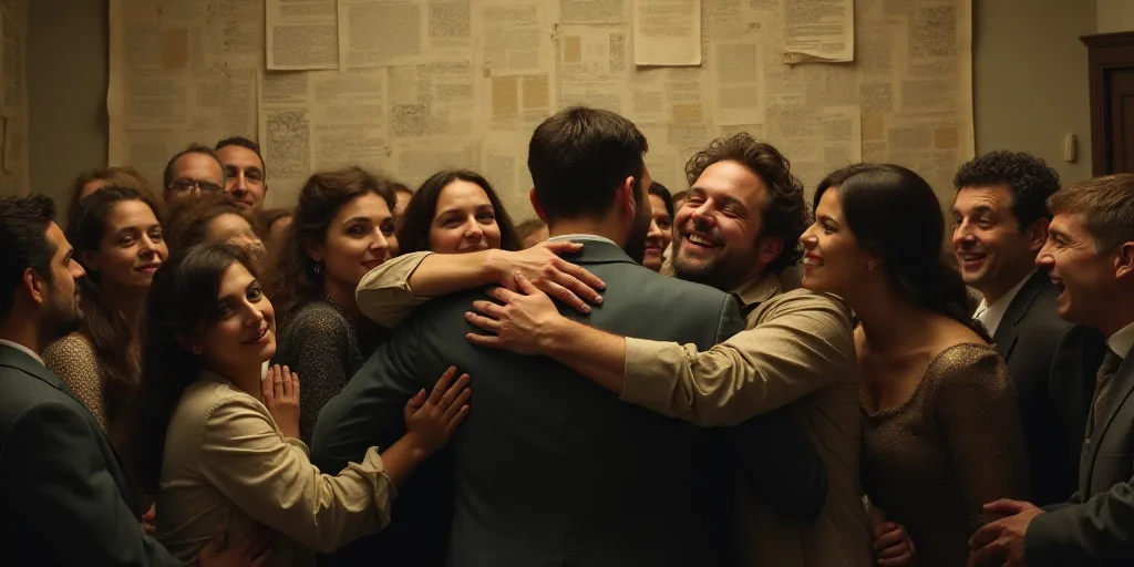 a man is being hugged by a crowd of people in a room with a wall of paper on it, Boris Vladimirski,