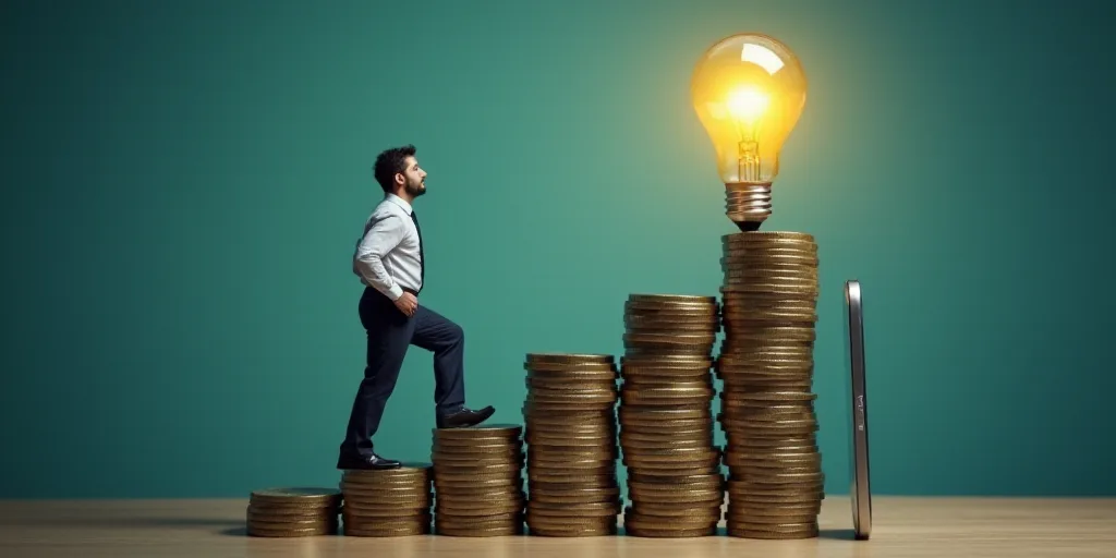 a man is climbing a stack of coins with a light bulb above his head and a phone in the background, C
