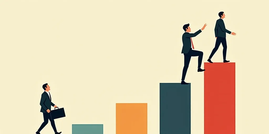 a man is climbing up a bar chart with other people on it and a man is holding a briefcase, Andries S