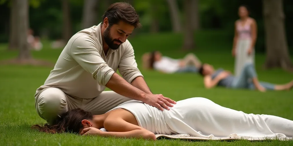 a man is doing a massage to a woman on the grass in a park with other people in the background, Ella