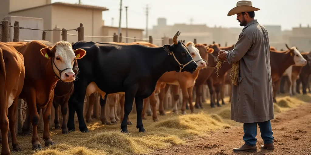 a man is feeding cows in a pen with hay on the ground and straw on the ground around them, Bouchta E