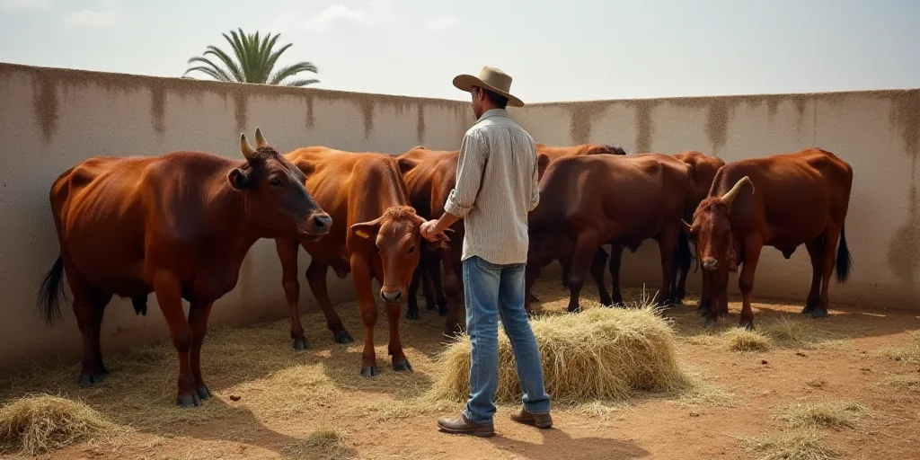 a man is feeding cows in a pen with hay on the ground and straw on the ground around them, Bouchta E