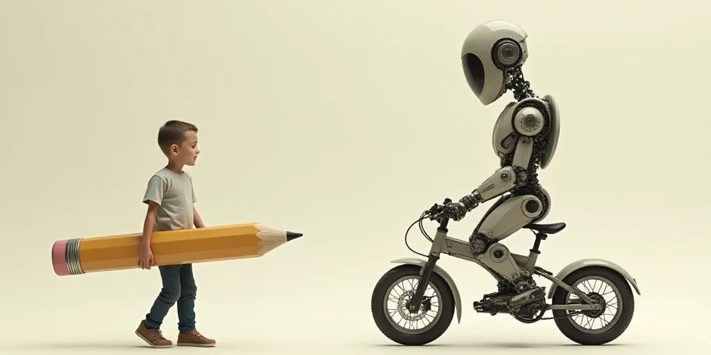 a man is holding a giant pencil and a robot is standing on a bike with a pencil in his hand, Andries
