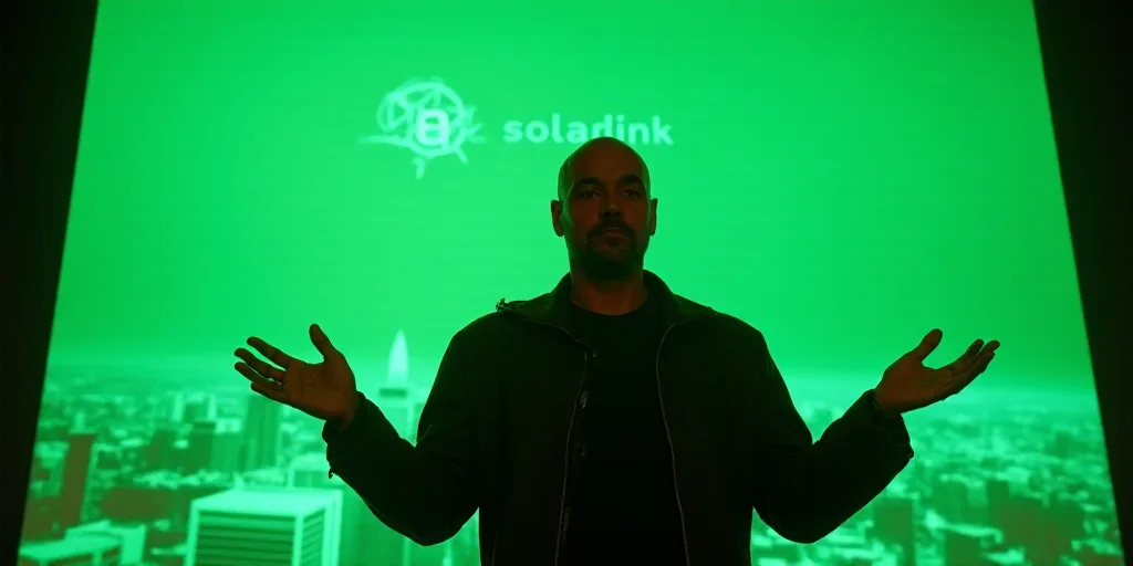 a man is holding his hands out in front of a green background with a picture of a city and a starlin