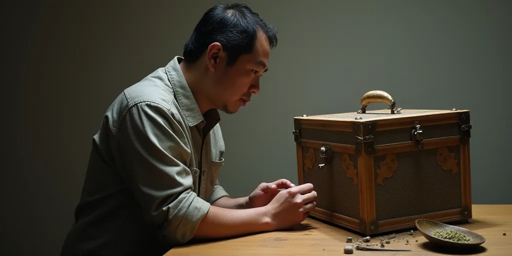 a man is looking at a box with a handle on it and a box with a handle on it, Ding Guanpeng, photo, a