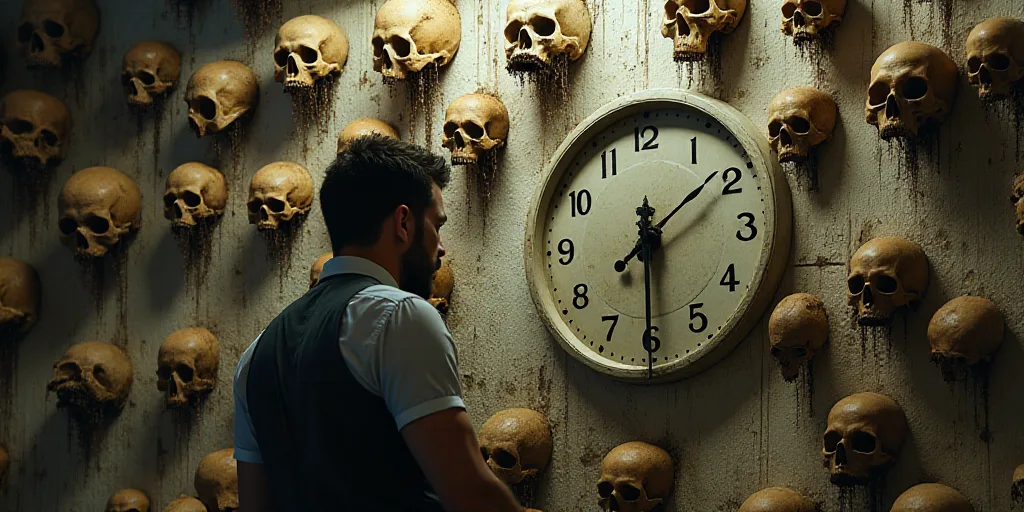 a man is looking at a wall with a lot of skulls on it and a clock in the background, Évariste Vital