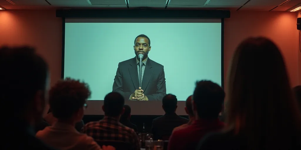 a man is on a television screen with a microphone in front of him and a crowd of people watching, Do