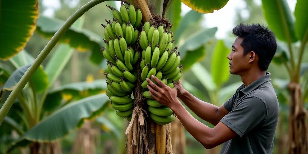a man is picking bananas from a tree in a banana plantation in the philippines, southeast asia, asia