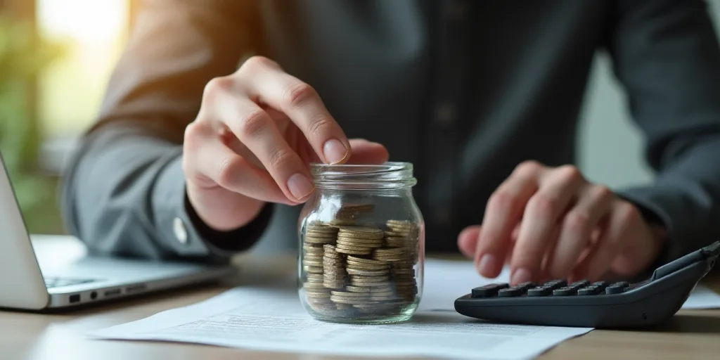 a man is putting coins in a jar with a calculator and a calculator on a desk, Évariste Vital Lumina