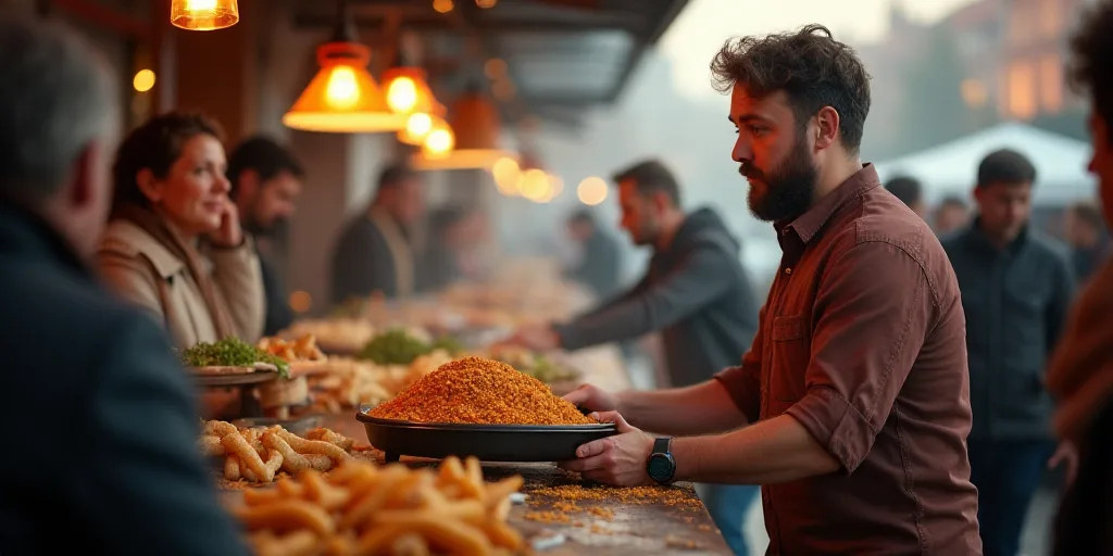 a man is serving food to a group of people at a food stand with a large tray of food, Ceferí Olivé