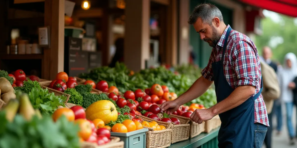 a man is shopping for produce in a market stall with other produce on display in bins and boxes, Cef